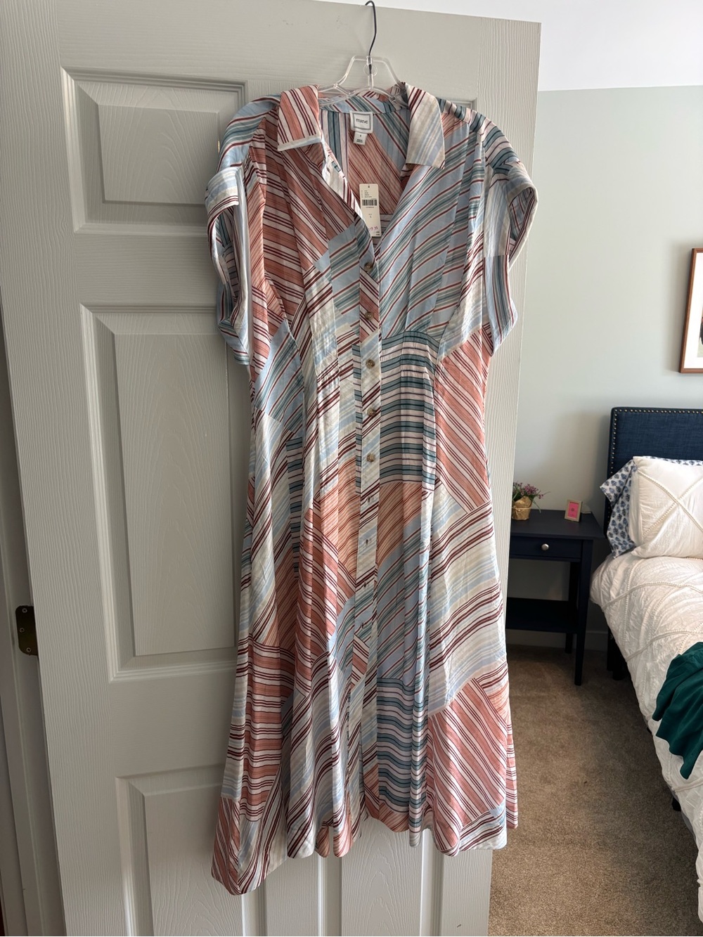 Maeve Striped Button-Front Midi Dress in Coral, Light Blue & Cream